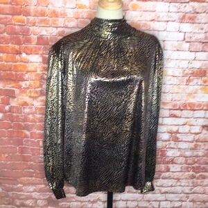 Vintage 90s  Lauren Lee Shimmery Gold and Black Animal Print Metallic Blouse